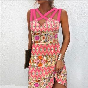 Hot Pink Caged Top Mixed Print Mini Dress